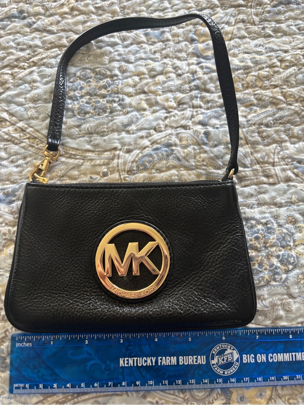 Michael Kors Black Pebbled Leather Wristlet with Gold MK Logo